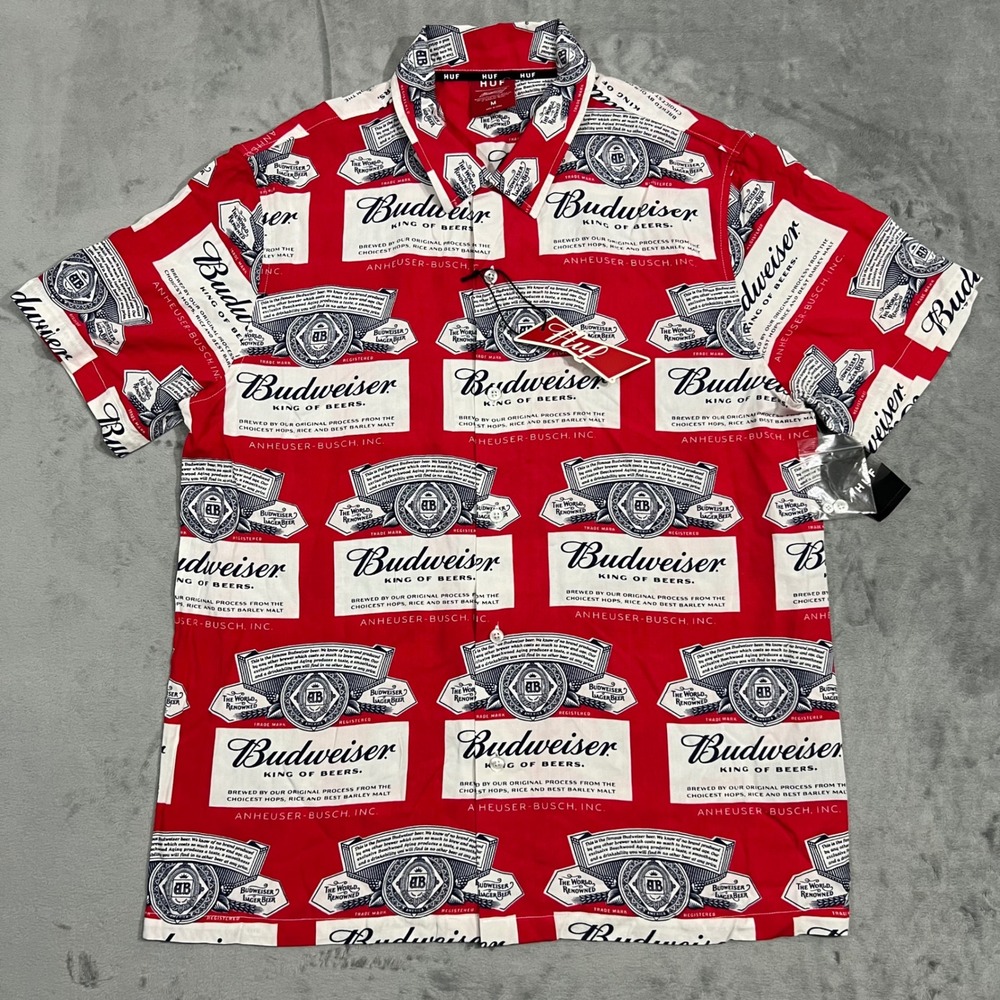 HUF Budweiser Beer Button Up Shirt‎ Mens M Red White Rayon Summer All Over Print
